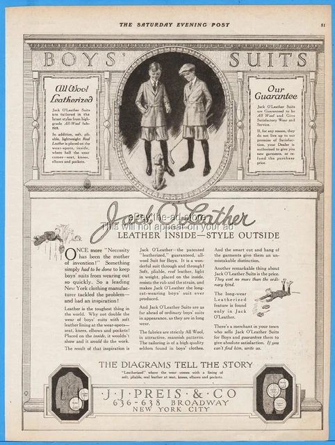 1920 J J Preis New York City Boys Suit Jack O Leather Inside Vintage Clothing Ad