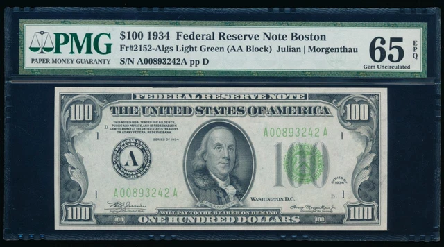 AC 1934 $100 Boston FRN LGS PMG 65 EPQ Light Green Seal LGS Fr 2152-A pop 4/5