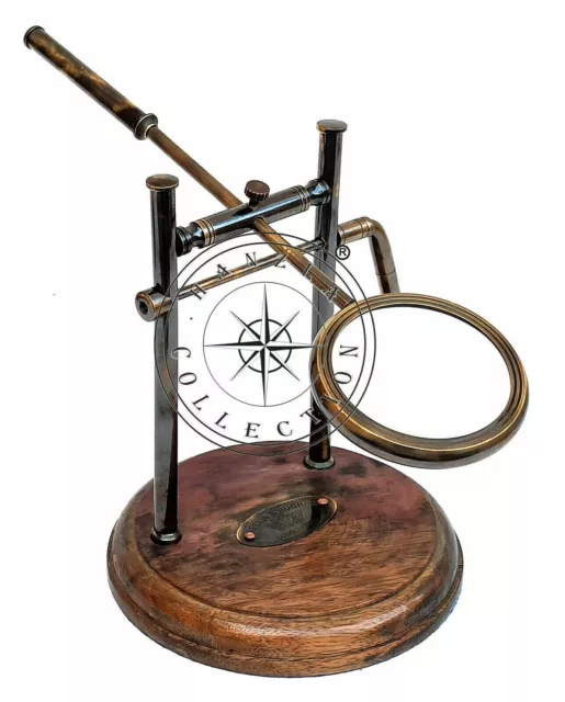 Vintage Magnifying Glass Brass Adjustable Desk Magnifier Wooden Base For Decor