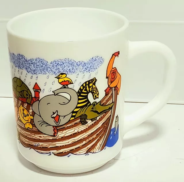  Arcopal France Safari Noah's Ark  Animal Cup Vintage White Milk Glass Mug