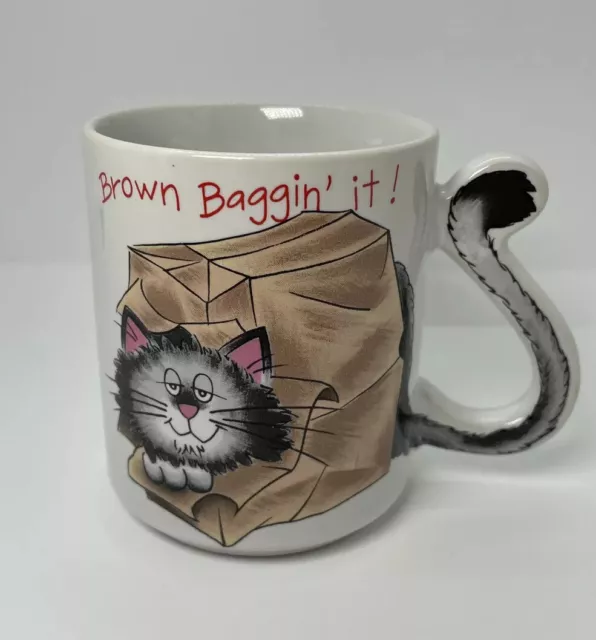 Cat Coffee Mug. “Brown Bagging’ It”’ Kitty Kitten Tail Tiger Cute