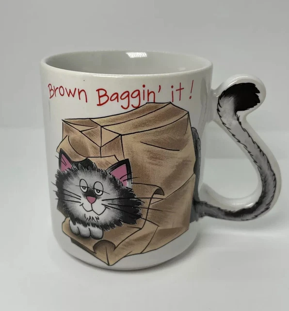 Cat Coffee Mug. “Brown Bagging’ It”’ Kitty Kitten Tail Tiger Cute