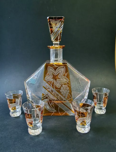 Set decanter liquore bohémien vetro cristallo Art Déco, pannelli ambra taglio flash