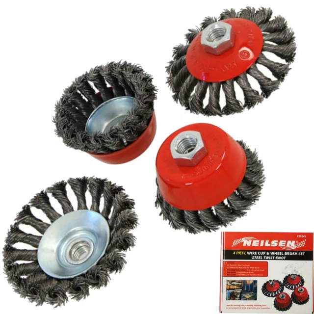 Neilsen 4pc Knot Wire Cup Wheel Brush 75mm 100mm Rust Remover Angle Grinder Set