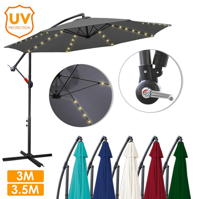 Ombrellone Da Giardino In Alluminio Con Manovella E Luci LED, 350 Cm, Antivento, Impermeabile, Protezione UV, Rosso