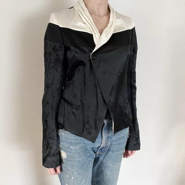 Haider Ackermann cropped black/Ivory crinkle satin tuxedo jacket, size 40