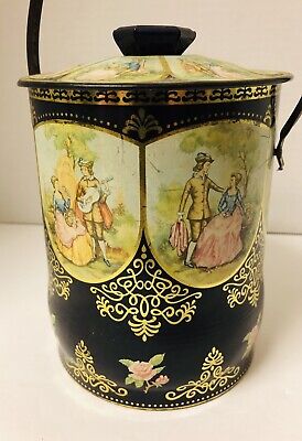 Vintage Tin Made In ENGLAND Victorian Lady & Man Home Decor Container w/ Handle