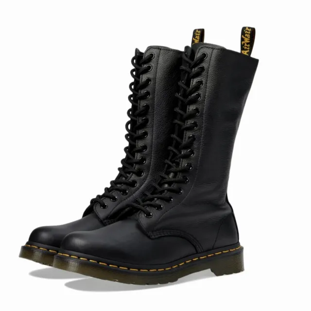 Dr. Martens Womens Leather Combat Boots—Black 1B99 14-Eyelet Mid-Calf “Virginia”