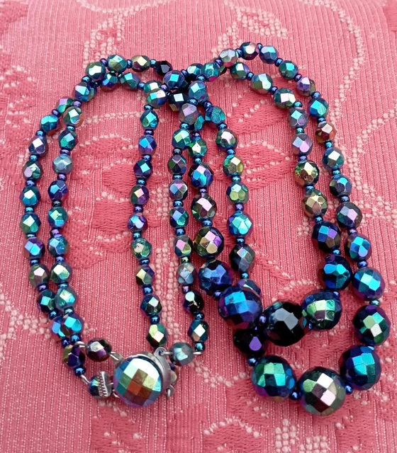 Collier Ancien Double Rang Perles Cristal - Effet Aurore Boréale Rose | Bijou Vintage Parfait état