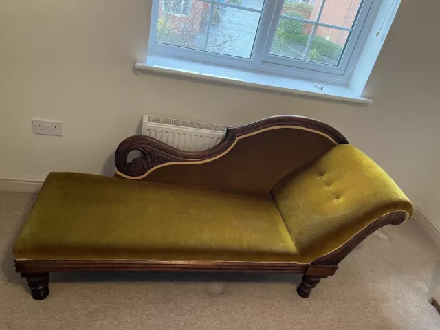 Antique Gold Velvet Regency Chaise Longue Sofa in Mahogany- Immaculate Condition