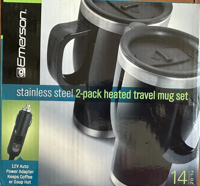 Emerson Heated 2 Pack Travel Mug Set, Stainless Steel, 14 Oz. 12V Adapter (NEW)
