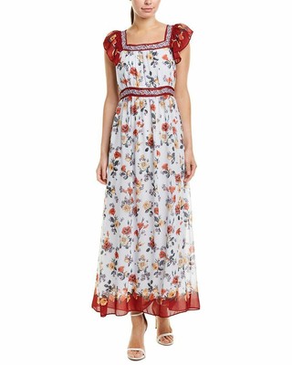 Max Studio Red Floral Maxi Dress Sz XL Ruffle Sleeve Long Elastic Waist