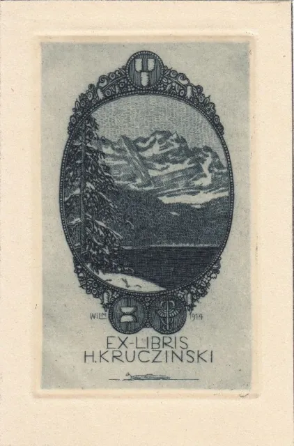 Exlibris Bookplates Radierung Wilm 1887-1953 Berge Lastkahn Druckerballen