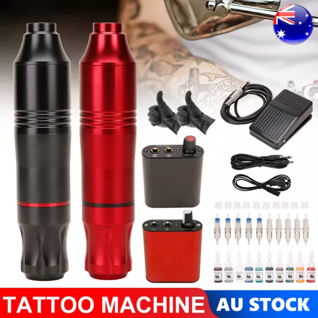 Tattoo Machine Kit Motor Pen Gun Color Inks Power Supply Tattoo Needles Home AU