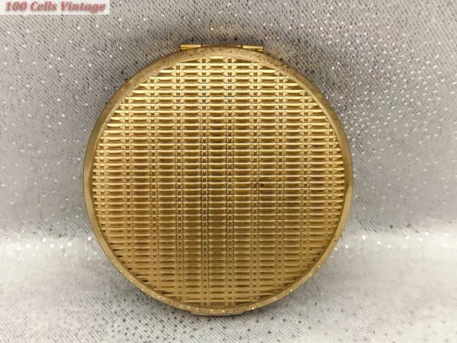 Stratton Etched Grid Pattern Gold Tone-Vintage Ladies Powder Compact -8cm