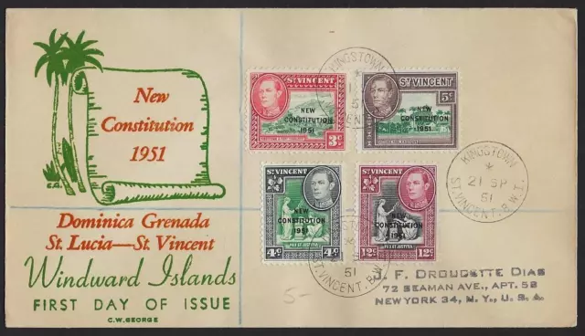 St Vincent 1951 New Construction Registered Fdc With Cachet See Scans