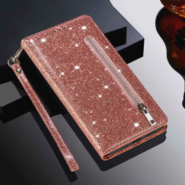 Bling Glitter Leather Flip Phone Case for iPhone 15 14 13 SE XR 7 8 Wallet Cover