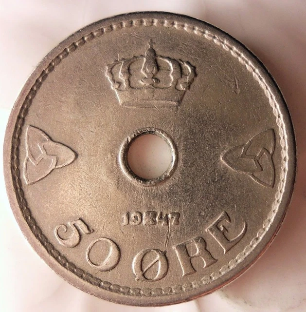 1947 NORWAY 50 ORE - Excellent Vintage Coin - FREE SHIPPING - Norway Bin #3
