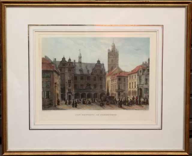 Rathaus Darmstadt, Marktplatz. Kolorierter Stahlstich n. J. Lange, 1840. Gerahmt