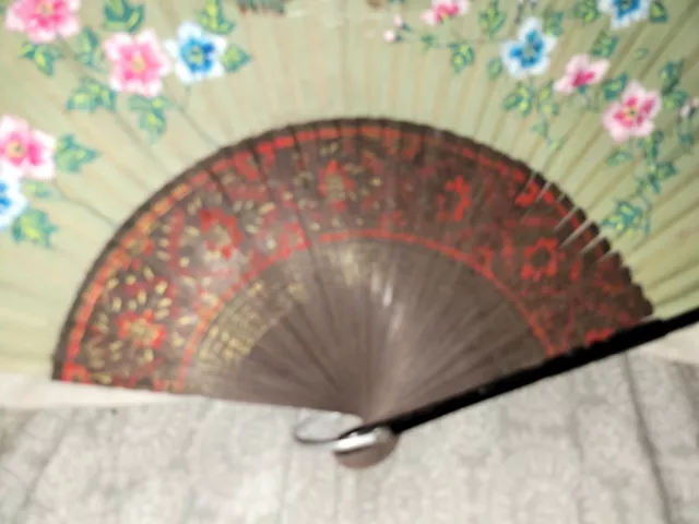 Lovely Hand Painted Vintage Antique Chinese Fan 9in wood rice paper 2
