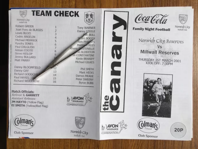 01/03/2001 Norwich City Reserves v Millwall 8 page issue Football Programme