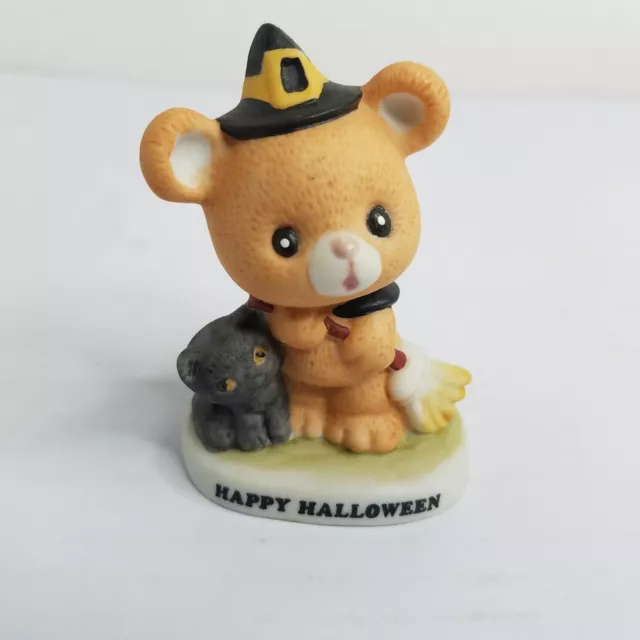 Vintage Russ Berrie Happy Halloween Teddy Bear & Cat Ceramic Figurine Witch Bear
