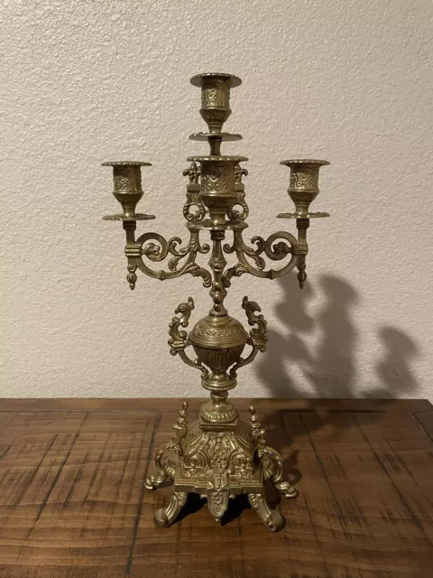 Vintage Italian Brevettato Brass 5 Arm Candelabra 16.5” Stamped c.1950’s Baroque