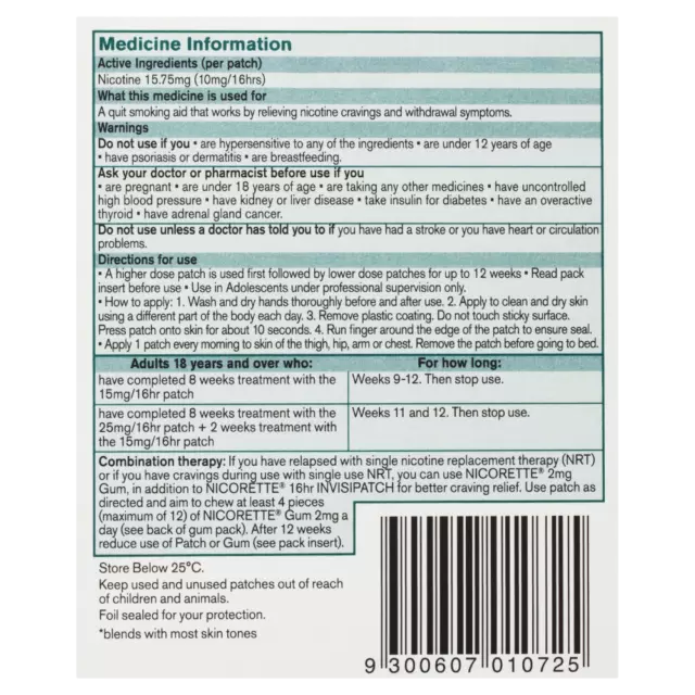 Nicorette 16hr Invisipatch Step 3 (10mg/16hr) 7 Patches Quit Smoking Aid 2