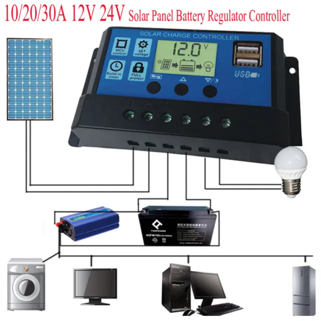10/20/30A Batterie Solaire Panneau Contrôleur de Charge Régulateur USB 12V/24V