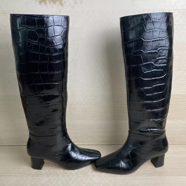 3.1 PHILLIP LIM “Tess” Black Croc-Embossed Square Toe Zip Up Leather Boots, 37