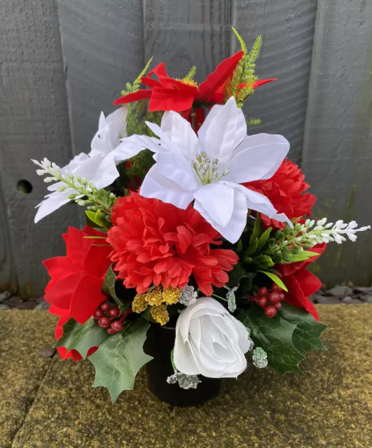 NEW** Christmas Grave Memorial Pot With Artificial Flowers