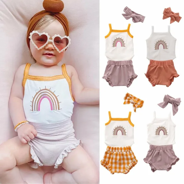 Newborn Baby Girls Clothes Rainbow Romper Tops Jumpsuit Shorts Headband Outfits