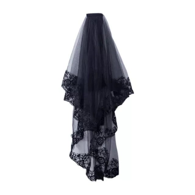 2-Tier Women Halloween Cosplay Costume Black Mantilla Wedding Veil Embroidery Fl