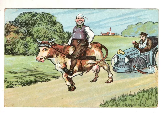 Postcard Cow Pulling a Vintage Car  NJ Postmark Comic Card