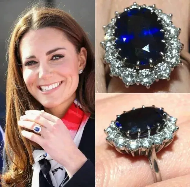 14K White Gold Plated 2.700Ct Oval Blue Sapphire Princess Diana Engagement Ring