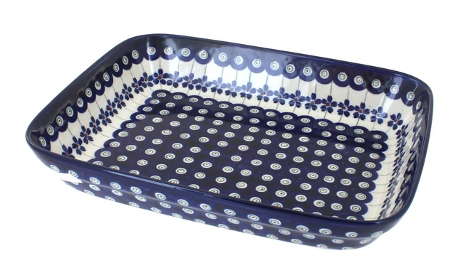 Blue Rose Polish Pottery Flowering Peacock Medium Rectangular Baker
