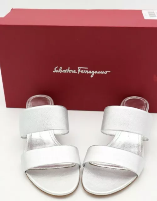 Salvatore Ferragamo Belluno Silver Leather Flower Heel Sandals Slides 6 36 2