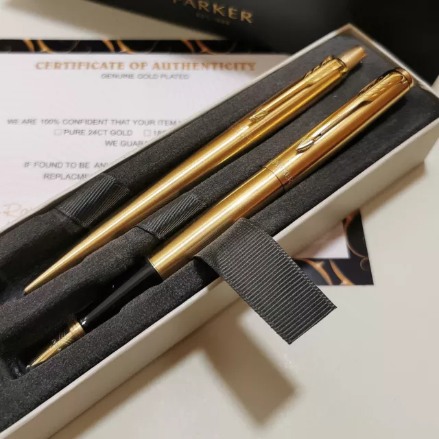 Parker Fountain Pen & Ballpoint Pen Set Blue Ink Gift Boxed 24ct Gold Plated 3