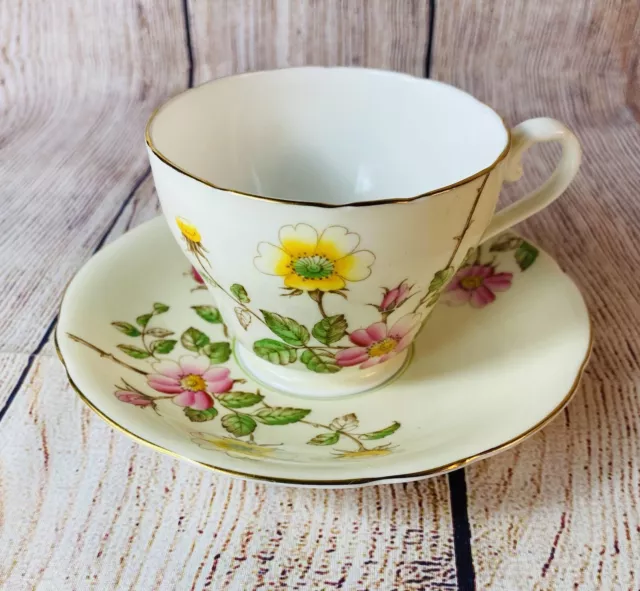 Vintage Aynsley Floral Pink Yellow Fine Bone China Tea Cup and Saucer Gold Trim