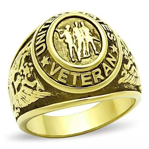 Mens gold veteran ring signet pinky united states military steel 18kt 14704