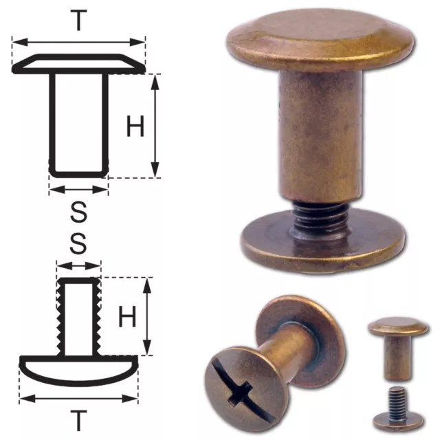 25 Schraubnieten Gürtelschrauben Buchschrauben Chicago Screws messing-antik 7MM