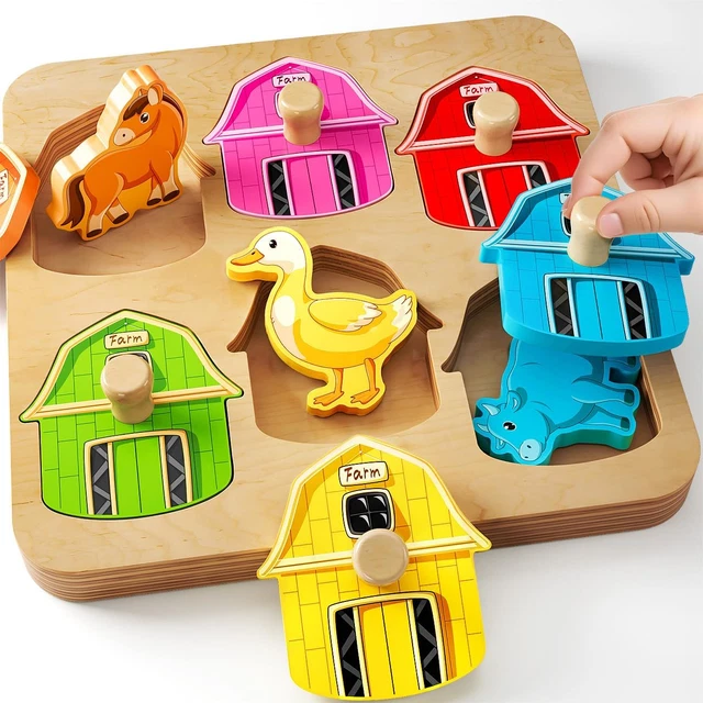 FARM ANIMAL PEG Puzzles Wooden Toys for 1 Year Old: Montessori Toys for ...