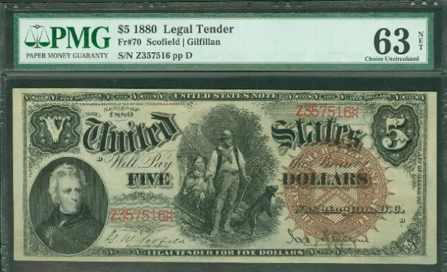 $5.00 Legal Tender “Woodchopper” Brown Seal 1880 Fr#70 PMG Gr 63 Net Choice UNC