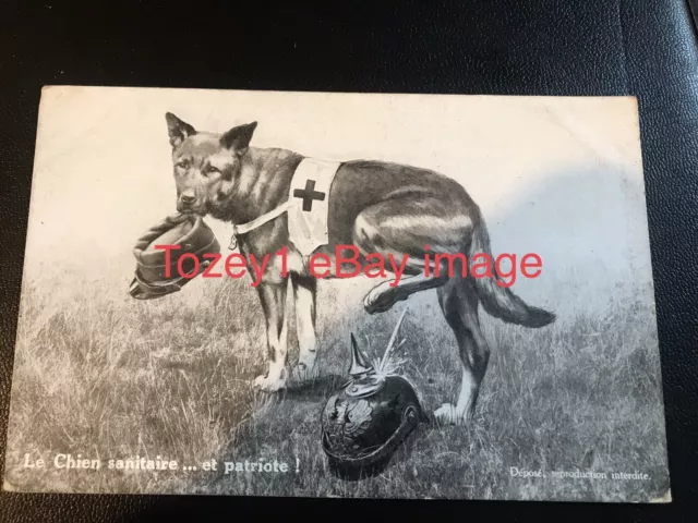 ww1 1914 patriotic postcard Red Cross Dog Peeing On A German Pickelhaube Helmet