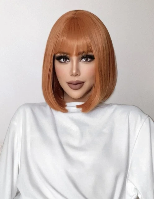 Perruque Synthétique Rousse Orange - Frange Carrée Courte 30cm - Avec 4 Bonnets - Style Naturel Pour Femme