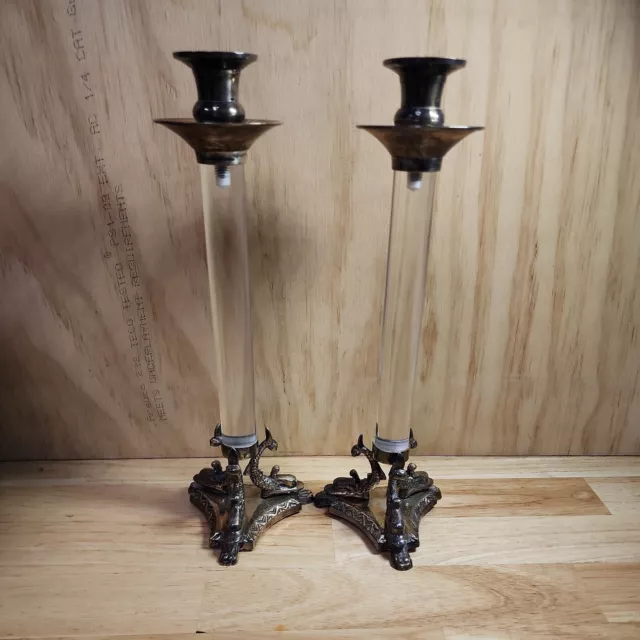 Vintage Silver Plate Candle Sticks Dolphin Japan? Silver Plated Lucite?