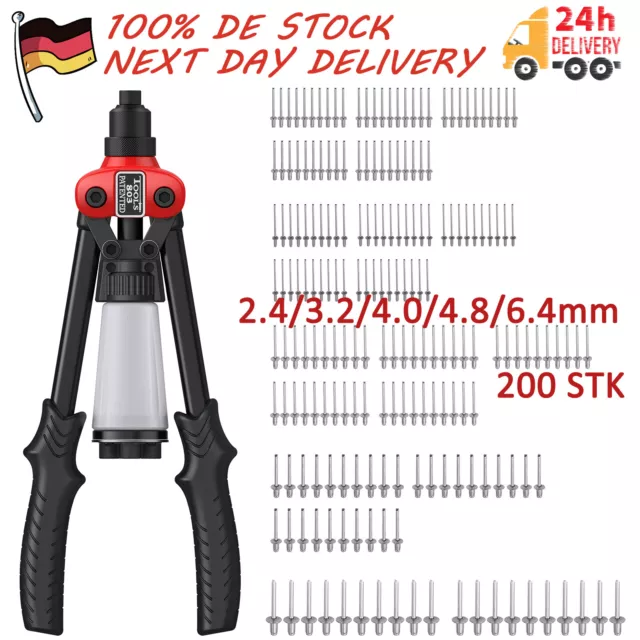 Blindnietenzange  Hebel Nietzange mit 200pcs 2,4/3,2/4/4,8/6,4mm Blindnieten Set