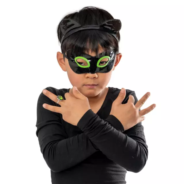 Enfants Noir Vert Chat Noir Oreilles Masque Miraculeux Bague Accessoire Ensemble