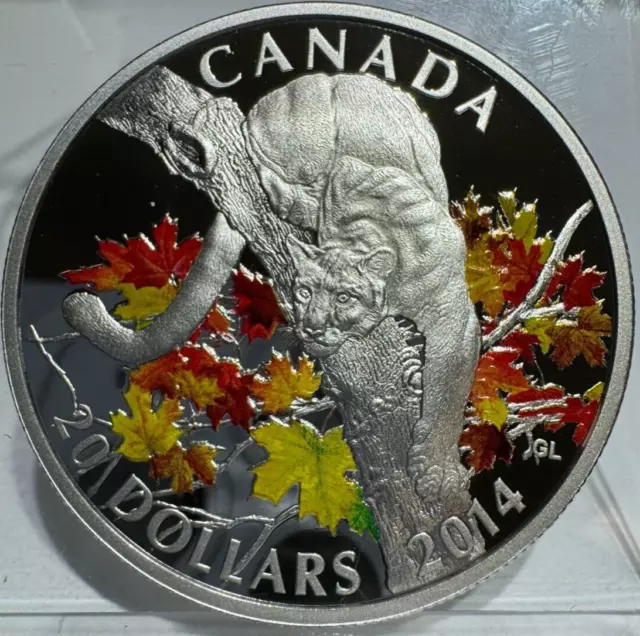 2014 1 Oz Silver $20 Canada Coin With Panther And Color Leaves