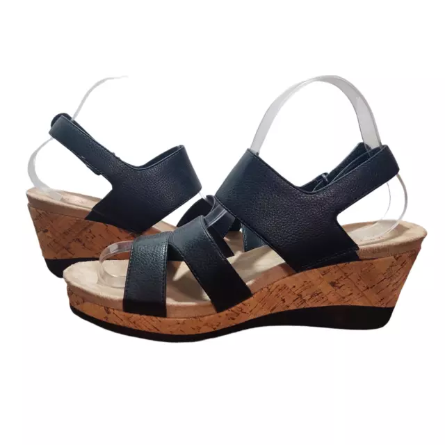 Bare Traps Wear Ever Gavery Black Leather Strappy Cork Wedge Sandals Sz 8.5